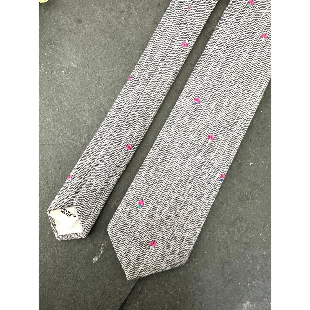 Vtg Sergio Valente Silk blend Tie skinny necktie‎ gray pink chevron embroidered